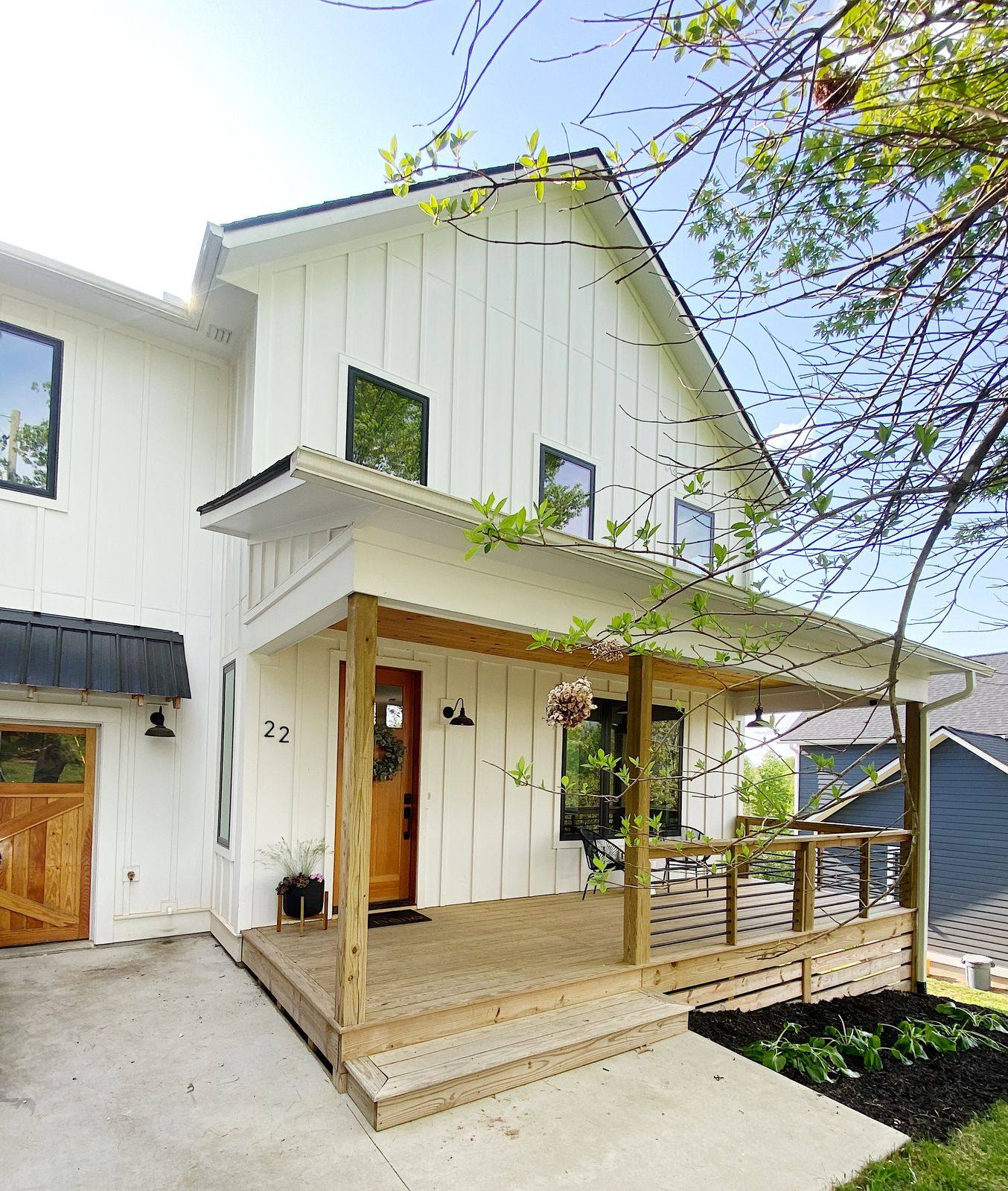 The exterior of Blue Ridge Haven, a modern farmhouse.
